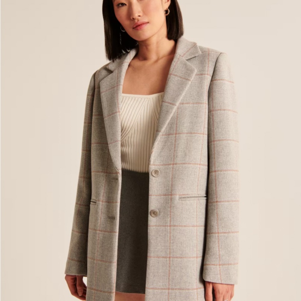 Abercrombie Checked Gray Wool-Blend Tall Blazer Coat